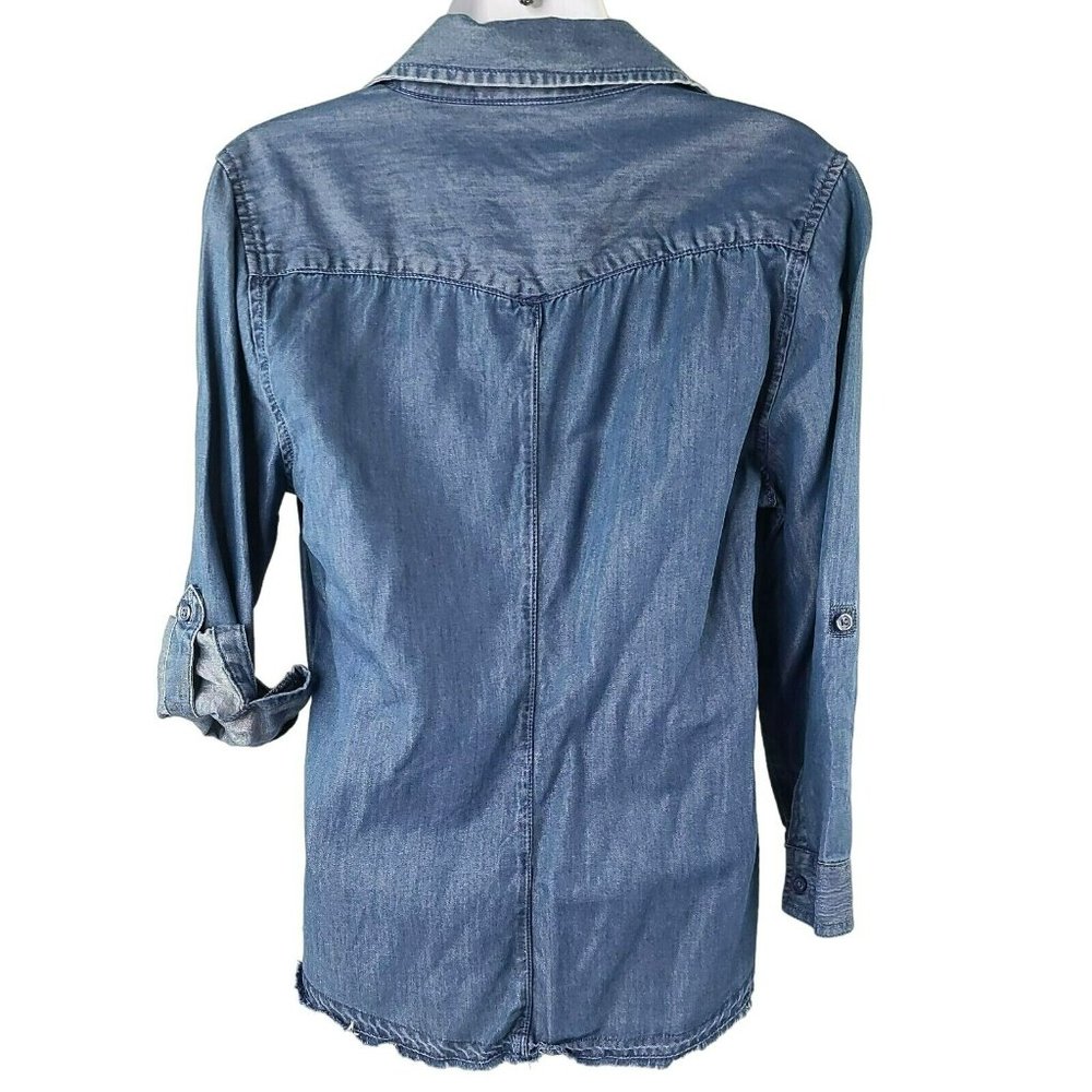 AMERICAN RAG Denim Button Up Shirt Women's XS Blouse Top Button Blue Frayed Edge - Picture 2 of 13